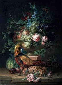 Nature morte avec des fleurs et un faisan