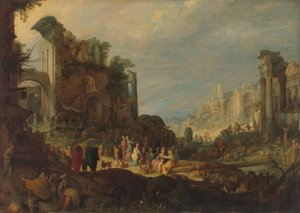Voyageurs parmi les ruines romaines avec Rebecca et Éliézer au puits