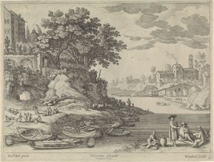 Port avec barques, personnages et bétail