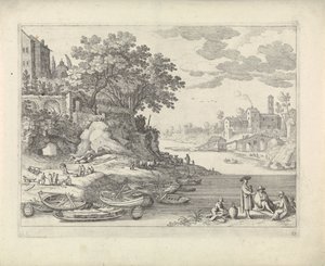 Port avec barques, figures et bétail