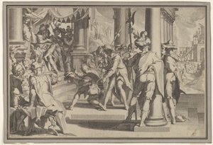 Allégorie de la Justice et de la Sainteté de la Loi avec une scène de tribunal représentant un homme gracié, 1605