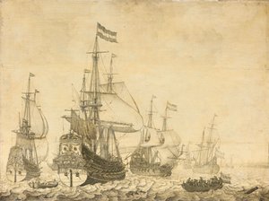 Paysage marin avec les navires de guerre néerlandais, y compris le Drenthe et le Prince Frédéric-Henri