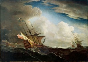 Navires anglais en mer luttant contre le vent dans une tempête