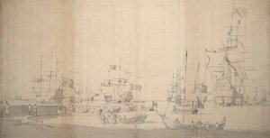 Un weyschuit tiré à terre dans un port bondé, c.1672 - Willem van de the Elder Velde