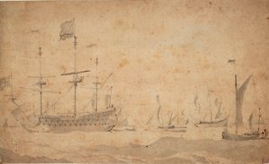 Un navire amiral anglais au mouillage, peut-être en juin 1673 - Willem van de the Elder Velde