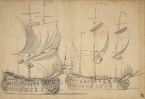 Un troisième et un quatrième rang anglais sous voile, vers 1677