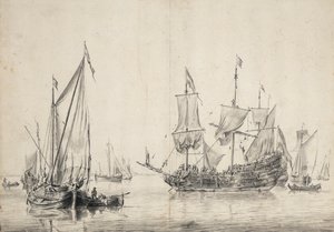 Voiliers et une frégate hollandaise séchant ses voiles. Dessin et lavis (26x37 cm), par William van de Velde l