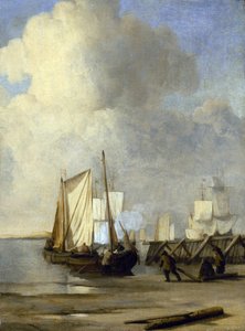 Un Kaag sur le rivage, bateau néerlandais utilisé pour la navigation intérieure - Willem van de Velde the Younger
