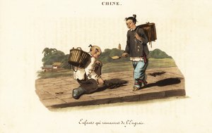 Enfants chinois ramassant du fumier de cheval