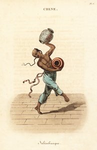 Jongleur chinois dansant et jonglant avec deux grands vases