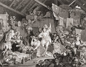 Comédiens ambulants répétant dans une grange, gravé par G Presbury, de The Works of Hogarth publié à Londres en 1833 - William (after) Hogarth