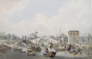 Bateaux sur la rivière à Suchow, Chine (aquarelle sur plomb noir) - William Alexander