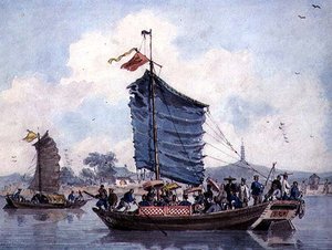 Scène fluviale chinoise avec jonques sous voile