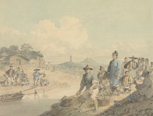 Vue en Chine : personnages avec pagode et montagne