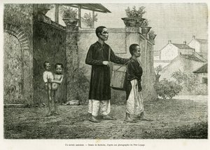 Un sorcier ambulant, un masseur aveugle. Gravure par Barbotin, pour illustrer l