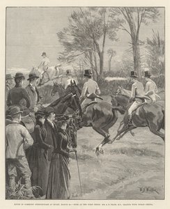 Steeplechase de la Chambre des communes à Rugby, 29 mars, ruée à la première clôture, M. A E Pease, MP, en tête avec Norah Creina - William Barnes Wollen