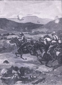 La bataille de Colenso : Le lieutenant Roberts galopant pour récupérer le désastre des canons, illustration de l