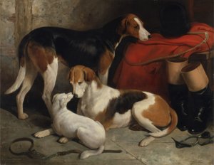 Un couple de foxhounds de Lord Henry Bentinck avec un terrier, c.1845 - William Barraud
