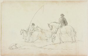 Deux hommes à cheval avec deux chevaux et un chien
