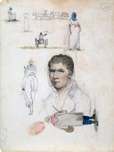 Huit petits dessins, y compris portrait, études de figures, charrettes, par l
