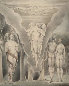 Illustration 4 du "Paradis perdu" de Milton : Satan espionnant Adam et Ève et la descente de Raphaël au paradis, 1807 - William Blake
