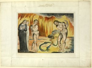 Le cercle des voleurs ; Buoso Donati attaqué par le serpent. Enfer, chant XXV