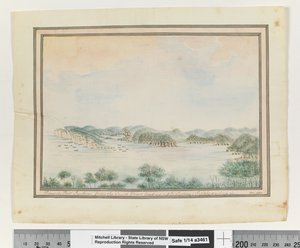 Opp. p. 123. `Vue de Port Jackson depuis la tête sud menant à Sydney; Supply naviguant.