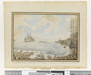 Opp. p. 194. `Partie du récif et lieux de débarquement baie de Sydney; Sirius et Supply tentant de sortir de la baie. 19 mars 1790