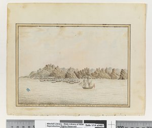 Santa Cruz sur le côté sud-est de Tenerife; Sirius et convoi dans les routes. Juin 1787. Le pic montrant dans un écart entre deux autres montagnes