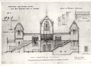 Détails des entrées, escaliers, porte de la chambre de la chaudière et rampes, (New Big School), Rugby School, 1844 (encre noire, crayon et aquarelle)