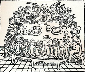 Les Pèlerins de Canterbury prenant un repas partagé, 1485