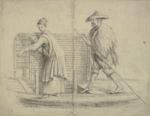 Scène chinoise. Homme et femme sur un bateau fluvial