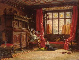 Un cavalier dans un intérieur sombre, un oiseau sur son épée, 1843