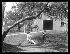Enfants de la famille McCready avec un chien et un chiot rassemblés autour d