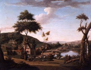 Paysage Fluvial avec Personnages Devant une Chaumière - William Deas