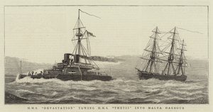HMS Devastation remorquant HMS Thetis dans le port de Malte - William Edward Atkins