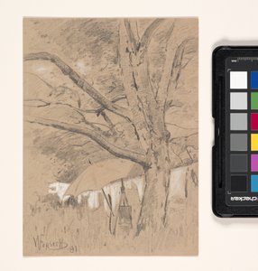 Paysage avec chevalet et parapluie d