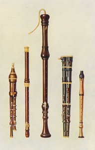 Instruments de musique : Deux flageolets doubles, une flûte allemande et deux flûtes douces (lithographie en couleur)
