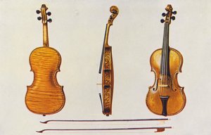 Instruments de musique : Violon, le Hellier Stradivarius, et deux anciens archets connus pour leur cannelure (lithographie en couleur)