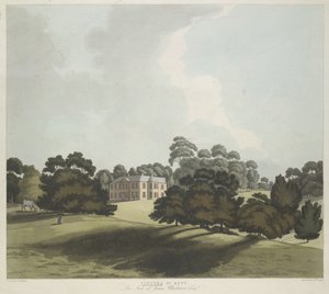 Figures et un cheval dans un parc; Maison Vinters au milieu; arbres tout au long de la scène
