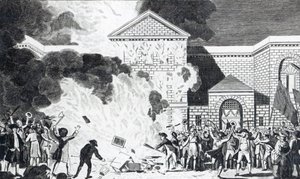 Les dévastations causées par les émeutiers de Londres incendiant la nouvelle prison de Newgate et brûlant les meubles de M. Akerman, 6 juin 1780, gravé par T. Thornton