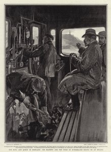 Le roi et la reine en Écosse, Sa Majesté et le duc de Sutherland à cheval sur une locomotive - William Hatherell