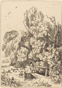 Paysage avec Arbres, Fille Traversant une Passerelle