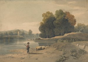 Scène de rivière avec garçon et moutons