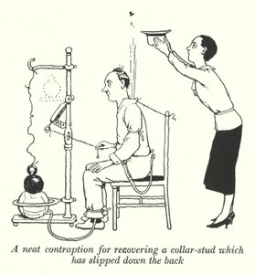 Une astuce pour récupérer un bouton de col tombé dans le dos (lithographie)