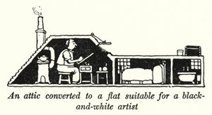 Un grenier converti en appartement adapté à un artiste en noir et blanc - William Heath Robinson