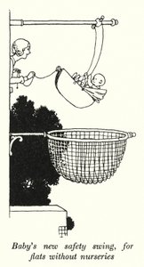 La nouvelle balançoire de sécurité pour bébé, pour les appartements sans nurseries - William Heath Robinson