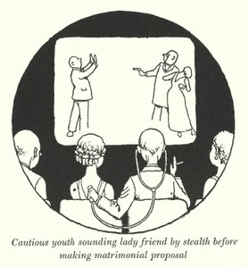 Jeune homme prudent sondant une amie en cachette avant de faire une proposition matrimoniale (lithographie) - William Heath Robinson
