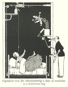 Ruse ingénieuse pour administrer une dose de médicament à un garçon turbulent (lithographie) - William Heath Robinson