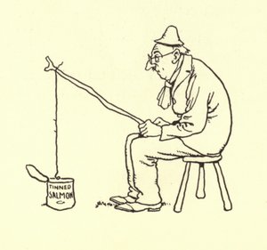 Homme pêchant du saumon en conserve - William Heath Robinson